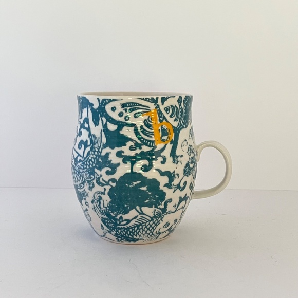 Anthropologie Homegrown Letter b Monogram Mug Green Floral Yellow Initial B NEW - Picture 3 of 13